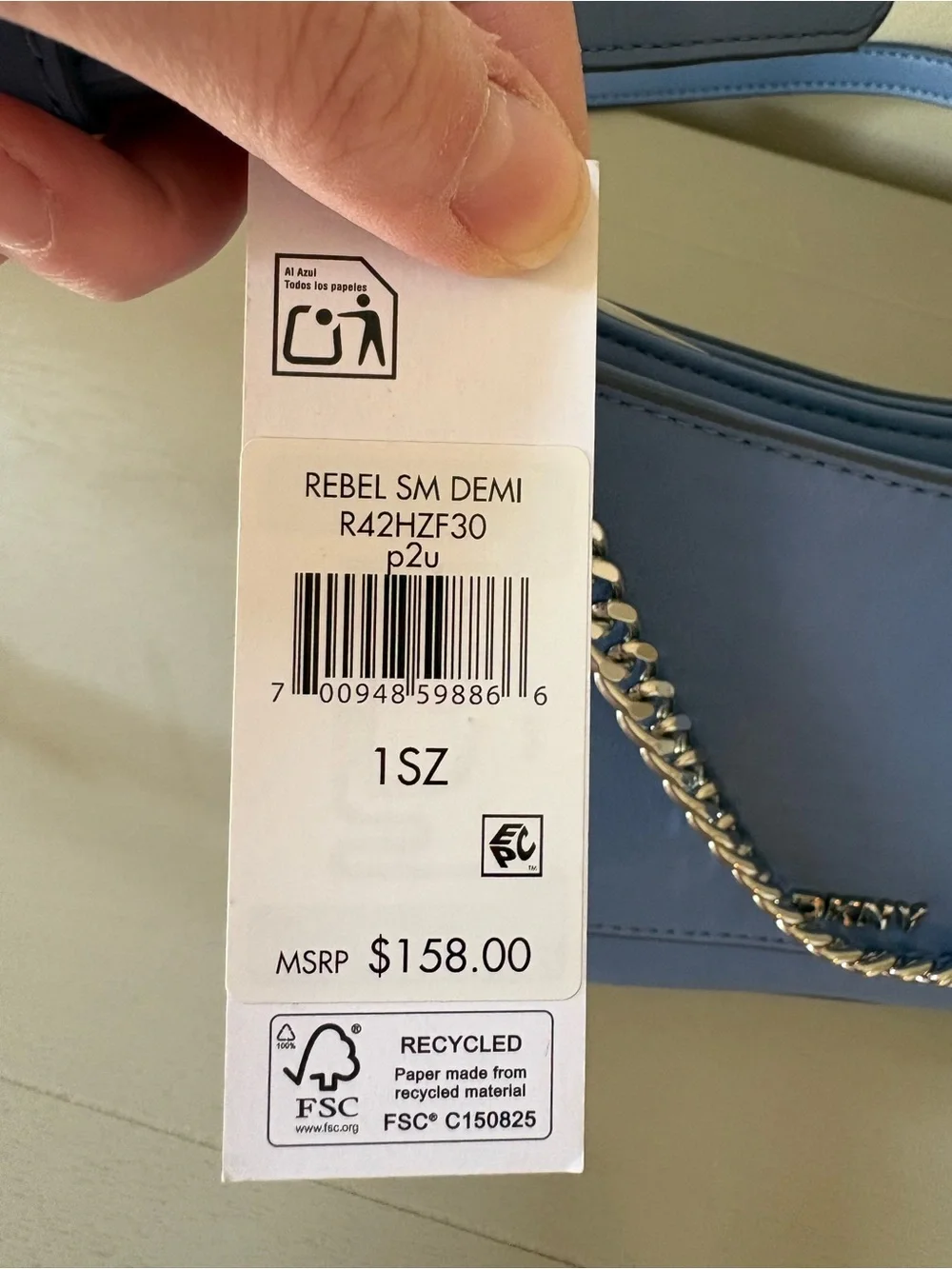 DKNY Light Blue Leather Shoulder Bag with Silver Chain